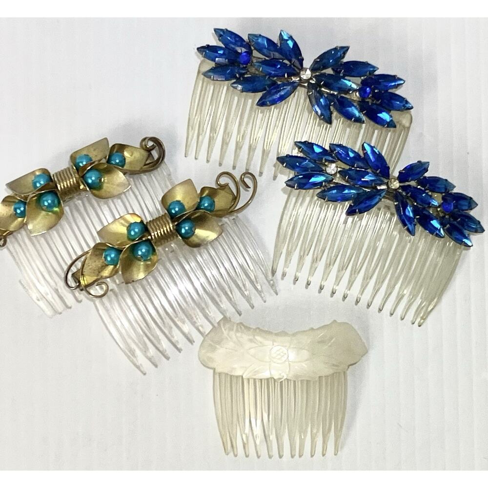 Vintage Hair Comb Lot Embellished Picks Brass Floral Mother Of Pearl Beaded